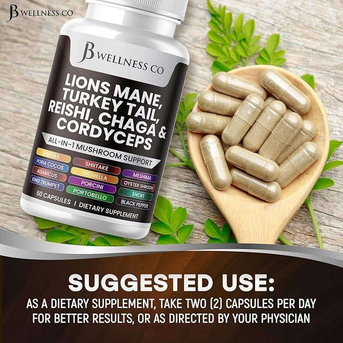 Lions Mane Supplement Cognitive Support, Immune Health with Turkey Tail 20in1 Mushroom Reishi Cordyceps Chaga with Marshmallow Root -180 Count