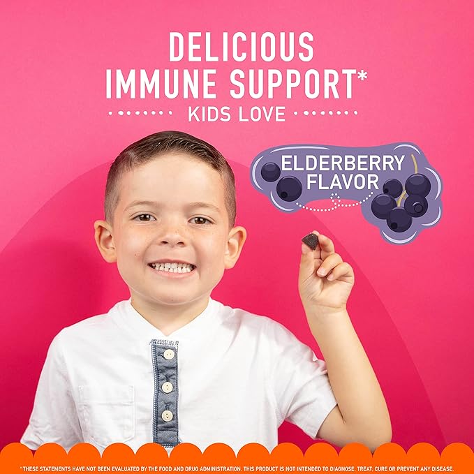 Airborne Kids Elderberry + Zinc & Vitamin C Gummies, Kids Immune Support with Powerful Antioxidants VIT D & E - 50 Gummies, Elderberry Flavor