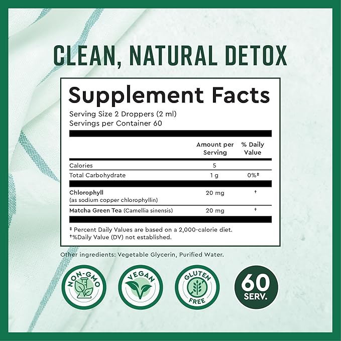 360 Nutrition Matcha Chlorophyll Liquid Drops with L-Theanine, Gluten Free & Vegan Internal Deodorant Supplement, Supports Gut Health, Digestion, Energy, Radiant Skin, Fast Absorption, 60 Servings