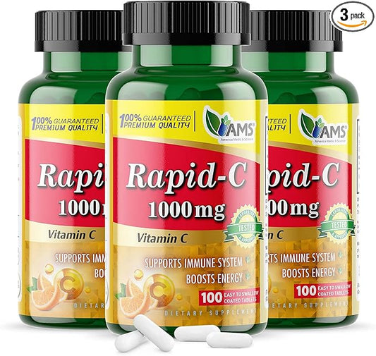 America Medic & Science Rapid-C 1000mg Vitamin C Supplement (3 Pack of 100 Tablets) Energy Booster, Daily Immune System Support, Antioxidant | Vegan, Non-GMO Coated Ascorbic Acid for Adult Men & Women
