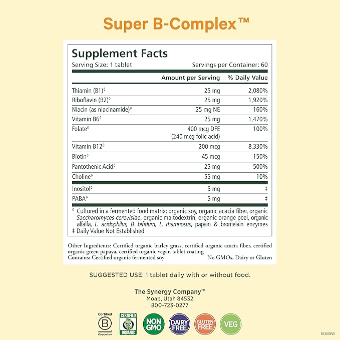 PURE SYNERGY Super B-Complex | Vitamin B Complex Made with Organic Whole Foods | Vegan Supplement with Natural Vitamin B12, Niacin, and Folate | for Energy, Focus and Mood Support (60 Tablets)