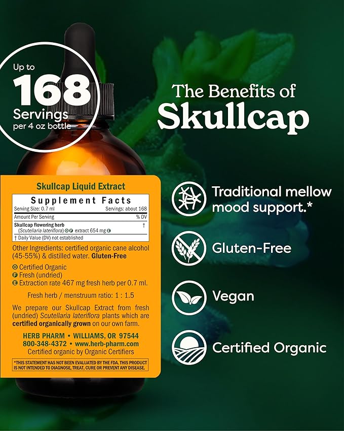 Herb Pharm Certified Organic Skullcap Liquid Extract for Nervous System Support, Organic Cane Alcohol, 4 Ounce