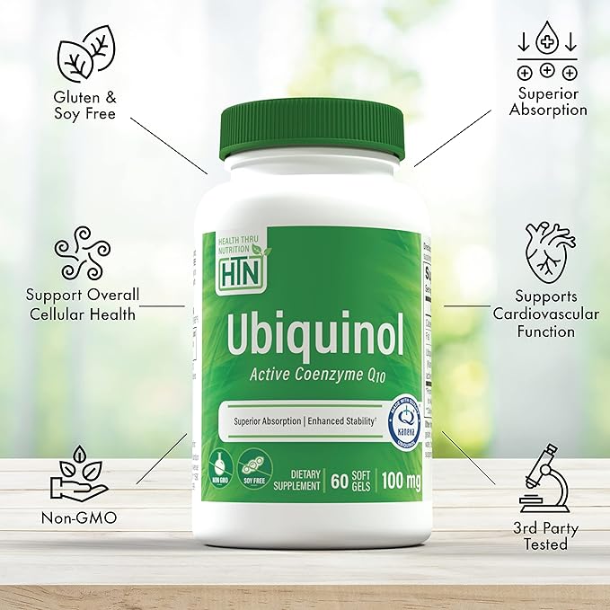 Health Thru Nutrition Ubiquinol 100mg 60 Softgels as Kaneka QH Reduced CoQ-10 | Stabilized - 3rd Party Tested | Enhanced Bioavailability | Cardiovascular & Mitochondria Function Support | Non-GMO