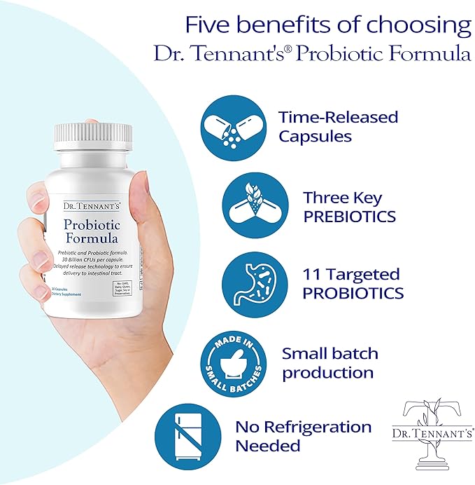 Dr. Tennant's Probiotic Formula with Prebiotics | 30 Billion CFUs | Time-Release, Acid-Resistant, Vegan Capsules | Gluten-Free, Dairy-Free, No Refrigeration Needed