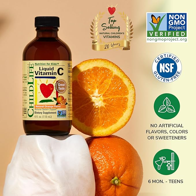 CHILDLIFE ESSENTIALS Liquid Vitamin C - Pure Vitamin C Liquid, Vitamin C for Kids, Liquid Supplement, Immune System Support, Great Taste - Natural Orange, 4 Fl Oz (Pack of 6)