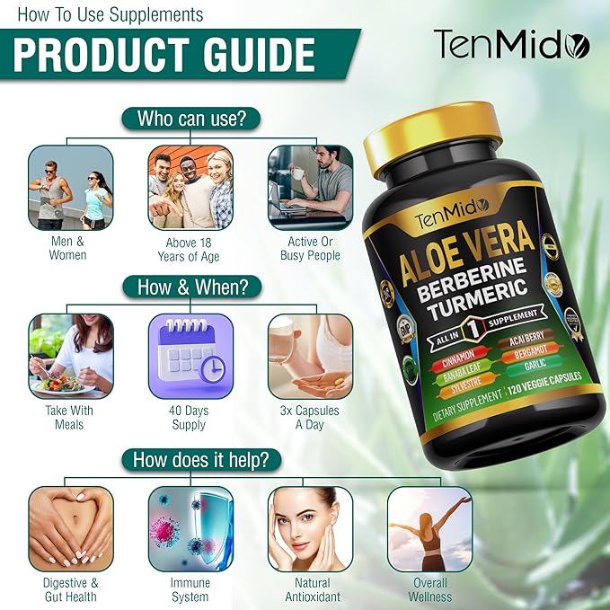 Aloe Vera Capsules Supplement - 12in1 Formula - Combine with Berberine, Turmeric, Ceylon Cinnamon, Banaba Leaf, Gymnema Sylvestre, Acai Berry, Bergamot, Garlic, and More - 120 Capsules