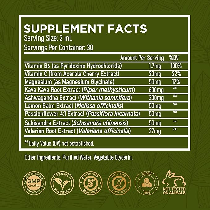 Kava Kava Ashwagandha Extract Liquid Drops - Calming Adaptogen Tincture Supplement with Valerian Root Passionflower Lemon Balm for Mood Sleep Stress Support - Alcohol-Free Vegan Gluten-Free Non-GMO