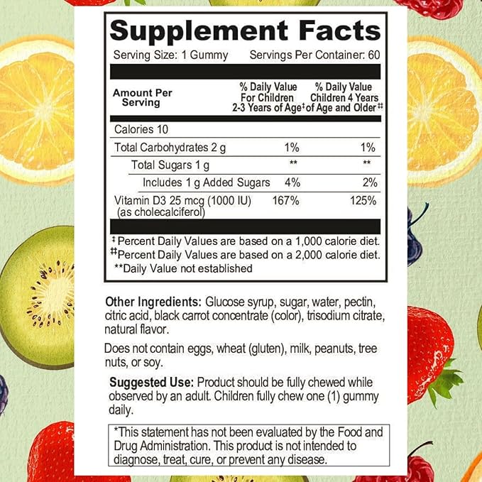 Go Healthy Kids Vitamin D Gummies – Toddler & Children's Chewable Supplement, Growth & Immune Support – Kosher, Halal, Non-GMO, Gluten-Free, Delicious Fruit Flavor - 60 Servings