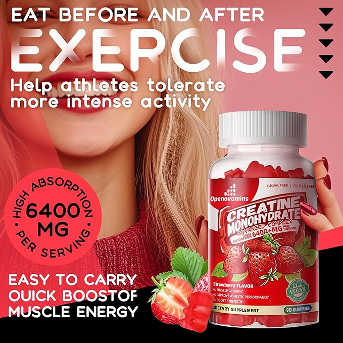 Creatine Monohydrate Gummies Complex for Men & Women -Advanced Formula W/L-Taurine + Vitamin B12, Sugar Free Chewable Supplement,180 Strawberry Gummies 2pack