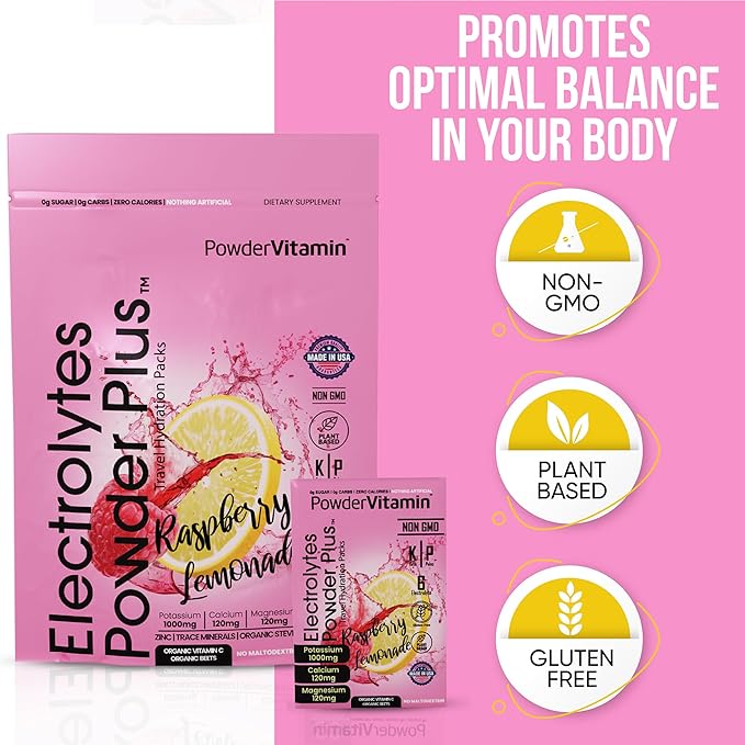 Electrolytes Powder Plus, Keto, Raspberry Lemonade, Sugar Free, 1000mg Potassium, 120mg Calcium, 120mg Magnesium, Non-GMO, Zero Calories, 30 Hydration Packets
