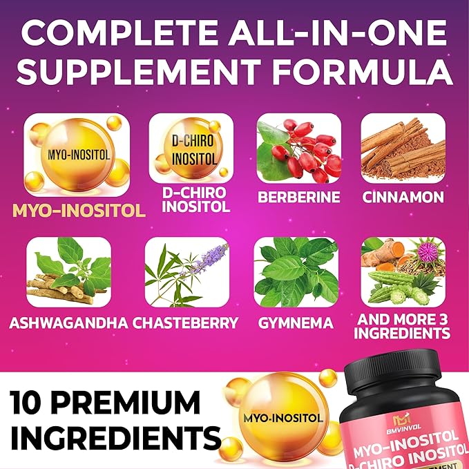 BMVINVOL Inositol Supplement - Myo-Inositol and D-Chiro Inositol Ideal 40:1 Ratio - Plus Berberine, Cinnamon, Ashwagandha + 5 More - 60 Capsules