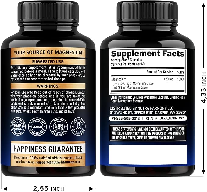 Magnesium Citrate Capsules 1000mg | High Absorption Supplement - Sleep, Muscle & Heart Support - Vegan | Non-GMO - Made in USA - As Powder | Pills | Tablets - 120 Capsules, 2 Month Supply