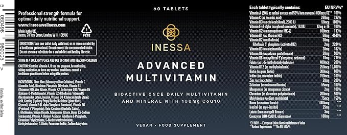 Inessa Methylated Multivitamin for Men and Women - Advanced Natural Daily Mens Multivitamins with CoQ10 100mg, Vitamins D3, K2, A, B Complex Vitamins, Folic Acid & Zinc - 60 Vegan Tablets