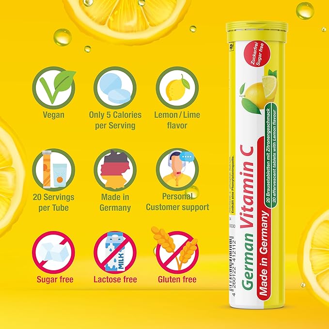 T&D German Vitamin C 180 mg - 140 Vegan Drink Effervescent Tablets - Lemon Lime Flavor - Made in Germany