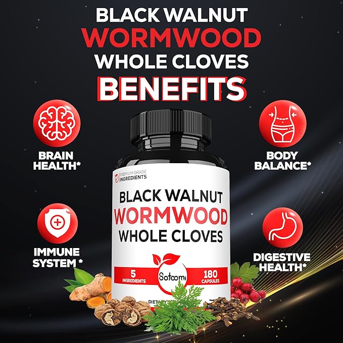 Satoomi 5 in 1 Wormwood Capsules Supplement - Extracted from Black Walnut, Whole Cloves, Turmeric and Berberine HCl - Immune System & Digestion Health - 180 Count -90 Day Supply