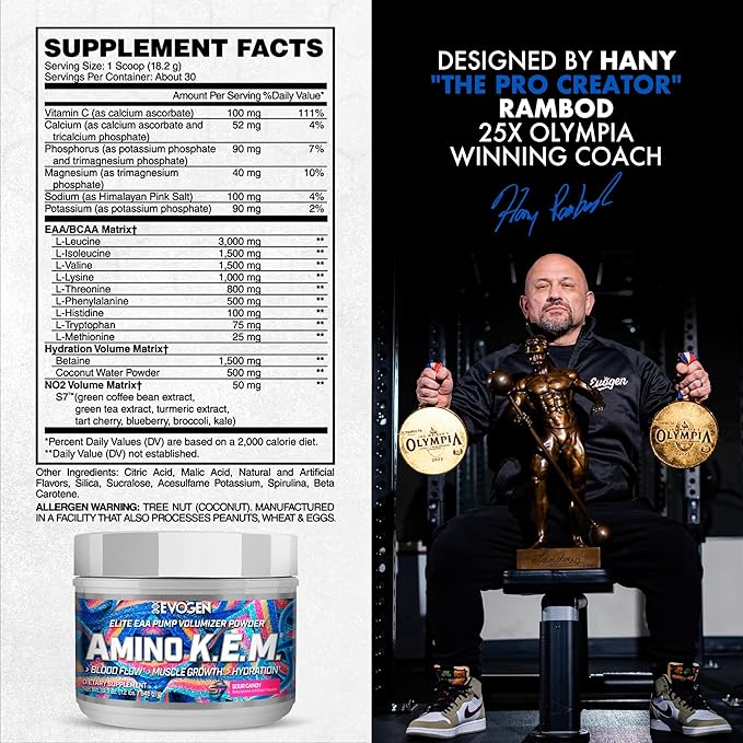 Evogen Amino K.E.M. - EAA & BCAA Powder Pump Volumizer | BCAAs Amino Acids Supplement for Blood Flow, Muscle Growth, & Hydration | Sour Candy | 30 Servings