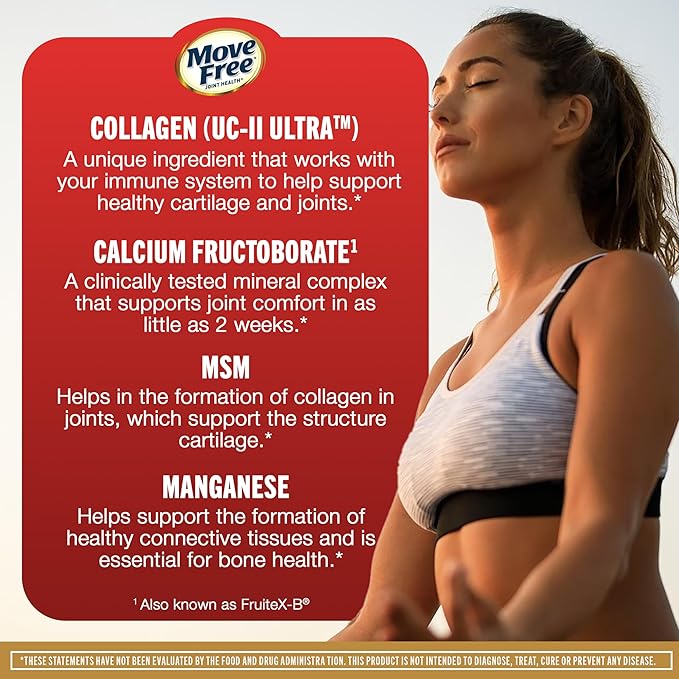 Move Free Ultra Pro with Quadruple Action Joint Support - Type 2 Collagen MSM Calcium Fructoborate & Manganese - Supports Joint Cartiliage Bone Connective Tissue, 120 Tablets (30 servings)