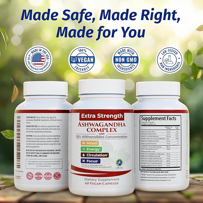 1 Body Ashwagandha Complex with Shoden® – Clinically Supported Stress Relief, Sleep, and Energy Support – Vegan, Non-GMO Supplements – 60 Capsules