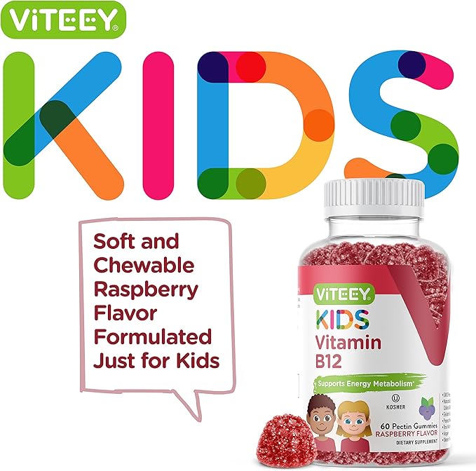 Vitamin B12 for Kids Gummies, 1000mcg - Metabolism, Natural Energy Support - Vegan, Gelatin Free, Gluten Free, GMO Free - Tasty Chewable B12 Raspberry Flavored Gummy