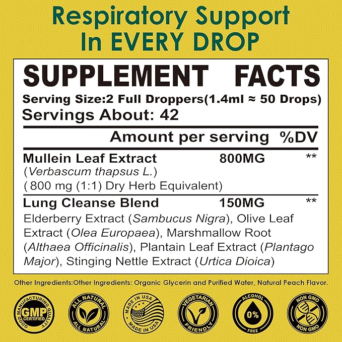 Mullein Drops for Lungs, Mullein Leaf Extract Herbal Supplement, Natural Lung Cleanse, Respiratory & Immune Support, Breathe Health, Tincture with Marshmallow, Elderberry - 2 fl Ounces