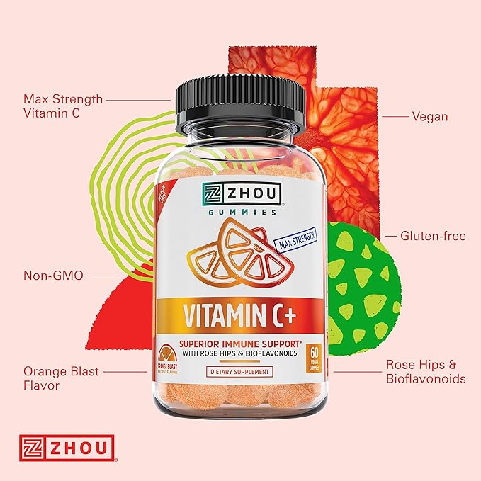 Zhou Nutrition Vitamin C+ Immune Support Gummies Max Strength with Rose Hips & Bioflavonoids, Non-GMO, Vegan, Gluten Free, Orange Blast Flavor, 60 Count