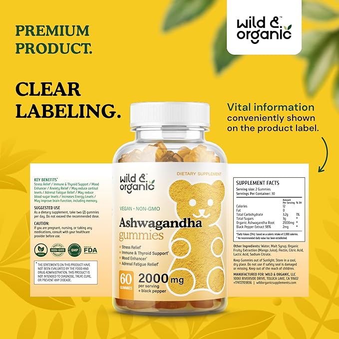 Wild & Organic Ashwagandha Gummies 2000mg - Mood Support Supplement w/Ashwagandha Root Extra Strength - Natural Calm Supplements Gummies - 60 Vegan, Non-GMO Chews