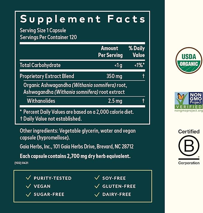 Gaia Herbs Ashwagandha Root - Stress Relief & Immune Support Supplement - Supports Balanced Energy Levels and Positive Outlook - 120 Vegan Liquid Phyto Capsules (1 Pack)