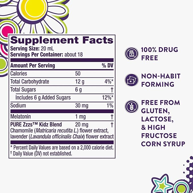 Vicks Pure Zzzs Kidz Melatonin, Kids Melatonin Liquid, Sleep Aid, Drug-Free, Liquid Melatonin 1mg, with Chamomile & Lavender, Melatonin Sleep Aids for Kids, Snooze Berry Flavored, 2 Pack, 24 FL OZ