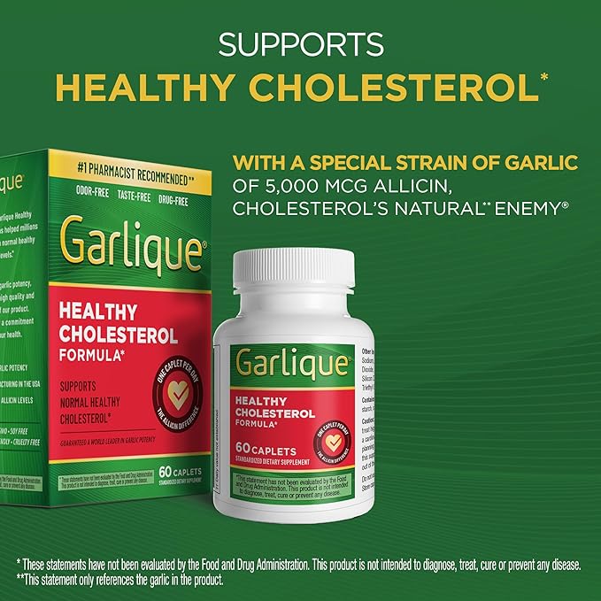 Garlique Garlic Extract Supplement, Healthy Cholesterol Formula, Odorless & Vegan-Friendly, 60 Caplets