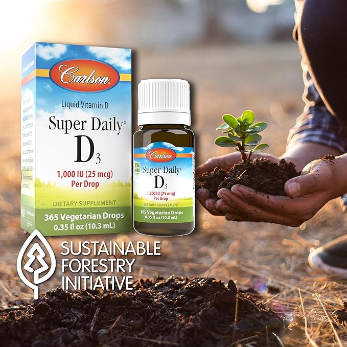 Carlson - Super Daily D3, Vitamin D Drops, 1,000 IU (25 mcg) per Drop, 1-Year Supply, Vitamin D3 Liquid, Heart & Immune Health, Vegetarian, Liquid Vitamin D3 Drops, Unflavored, 365 Drops