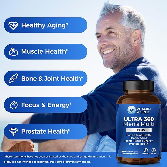 Vitamin World Ultra 360 Multivitamin for Men 50 Plus, Men's 50+ Multivitamin with Minerals & Herbs for Prostate Function, Supplement with Vitamin A, C, D, E & Zinc for Healthy Aging, 180 Caplets
