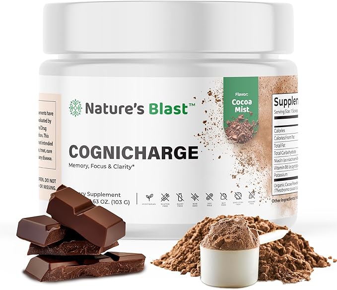 CogniCharge Brain Supplements for Memory, Focus & Clarity - with Bacopa Monnieri Extract, Guarana Powder, Niacin, L-Tyrosine, Alpha GPC, GABA & More - 3.63 Oz - 30 Servings - Cocoa Mist Flavor