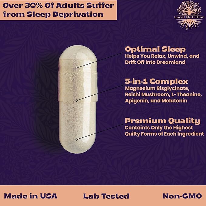 Natural Sleep Aid with Magnesium Glycinate 500mg Reishi Mushroom 350mg L-Theanine 300mg Apigenin 50mg Melatonin 3mg - Magnesium Sleep Supplement for Deep Sleep, Sleep Support - 60 Capsules Made in USA