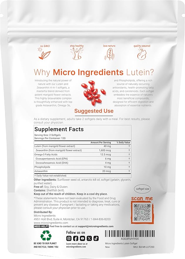Micro Ingredients Lutein & Zeaxanthin 40mg Softgels, 240 Count, with Astaxanthin, Omega-3s, & Phospholipids | Eye + Vision Health Vitamins | Third Party Tested, Non-GMO, Gluten Free