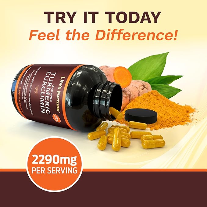 Life's Fortune Organic Turmeric Curcumin with Black Pepper and Ginger, Enhanced Absorption, Extra Strength Supplement, Joint & Immune Support, Non-GMO, 90 Cap - 2250mg