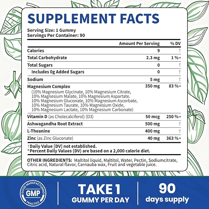 VEV Magnesium Glycinate & Citrate Gummies – Ashwagandha Gummies with D3 & Zinc – Cortisol Supplements for Women – Sugar-Free Vegan Magnesium Complex Gummies – 90 Count