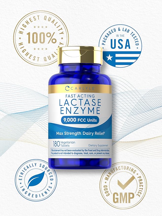 Carlyle Lactase Enzyme Pills 9000 FCC | 180 Tablets | Fast Acting Dairy Relief Supplement | Max Strength Support | Non-GMO, Gluten Free