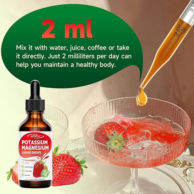 softbear 2 Pack Calcium Potassium Magnesium Liquid Drops, High Absorption Calcium Magnesium Potassium Supplement Support Bone & Muscle Health Liquid Magnesium Drops Strawberry Flavor 4 Fl Oz