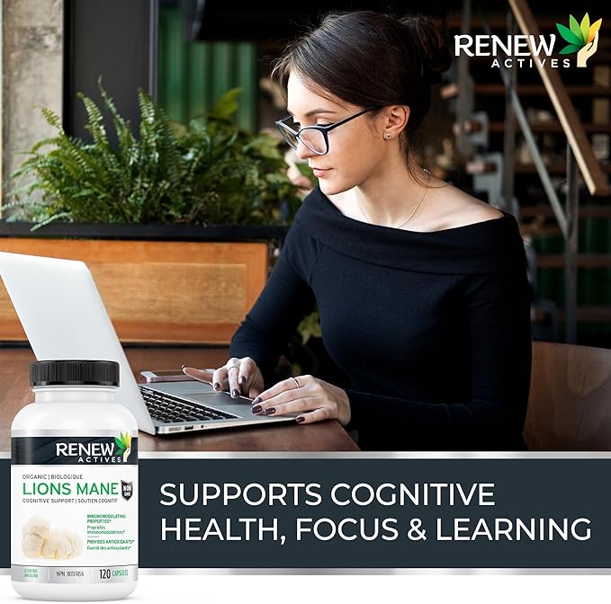 Renew Actives Premium Organic Lion's Mane Mushroom 1100MG per 2 Capsules - Supports Brain Function, Memory, Focus, Stress Relief & Immune Health, Non-GMO, Vegan - Made in Canada - 120 Capsules