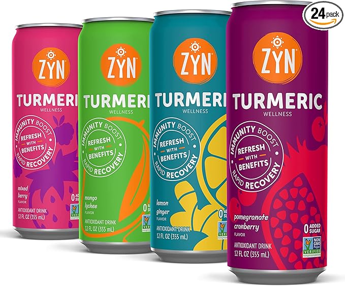 ZYN Turmeric Wellness Drink, Flavored Turmeric Drink, Turmeric Curcumin with Black Pepper, Low Calorie Healthy Energy Drink, Clean, Vegan Soda Alternative for Vitality, Variety Pack of 24