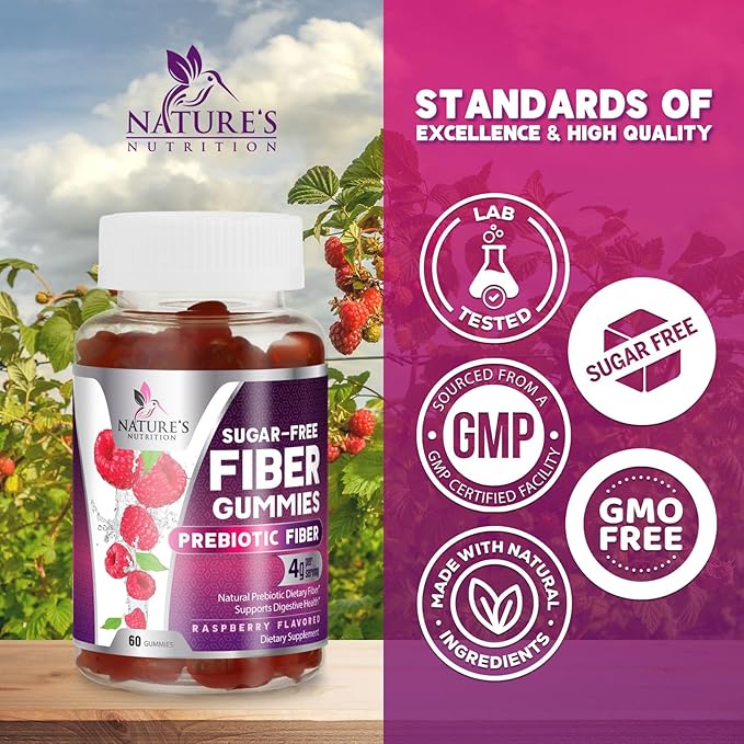 Fiber Supplement Gummies - Sugar-Free Daily Gummy for Adults Digestive Health & Regularity Support - 4g Prebiotic Plant Based Fiber Supplements Blend for Women & Men - Raspberry Flavor - 60 Gummies