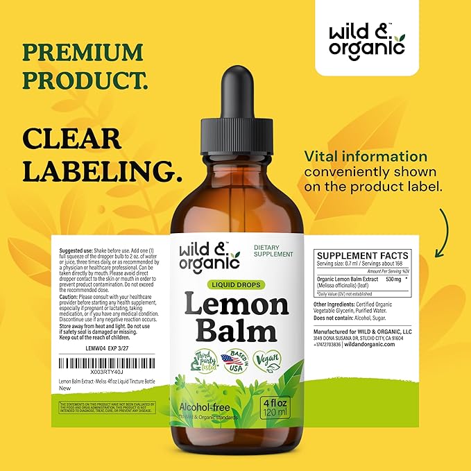 Wild & Organic Lemon Balm Tincture - Mood Support Supplement - Melissa Lemon Balm Leaf Extract Drops - Vegan, Sugar & Alcohol-Free Calming Supplement - 4 fl oz