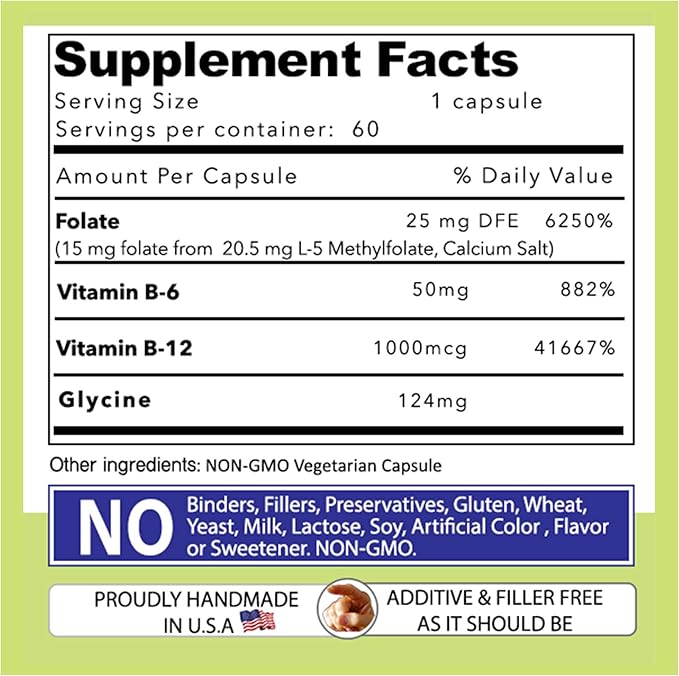 Our Daily Vites L-Methylfolate B Complex Cofactors & Essential Amino Acids (15mg) - Active Folate, Methylated B12 Methylcobalamin, B6 and Glycine - 60 Count