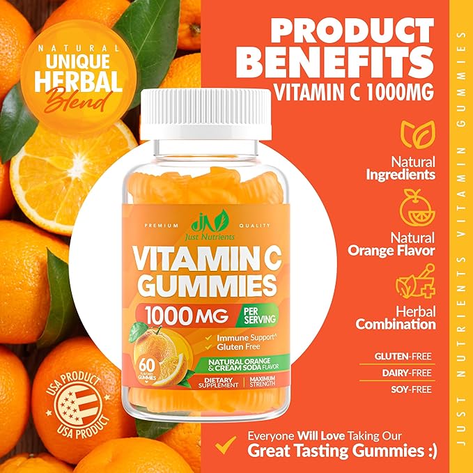 Vitamin C Gummies 1000mg for Adults & Kids – Chewable Multivitamin with Zinc for Immune System & Collagen Support for Skin – Orange Flavor – Gluten Free, Non-GMO, Vegetarian – 60 Gummies