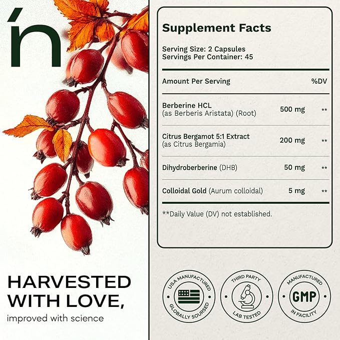 Berberine Supplement 500mg, Ultra High Potency Berberine Complex with Citrus Bergamot, Colloidal Gold & Berberine Hcl, Dihydroberberine Supplement, 90 Veggie Capsules