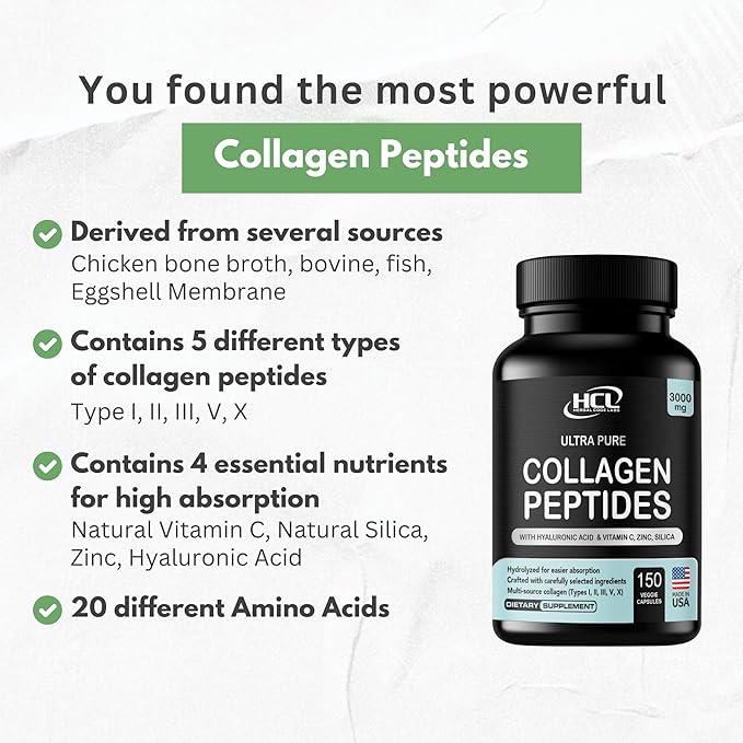 Collagen Peptides Powder with Vitamin C & Hyaluronic Acid - Organic Cleanest Sources & Super High Absorption - Hydrolyzed Multi Type I, II, III, V, X - Skin Hair Supplement (capsules)