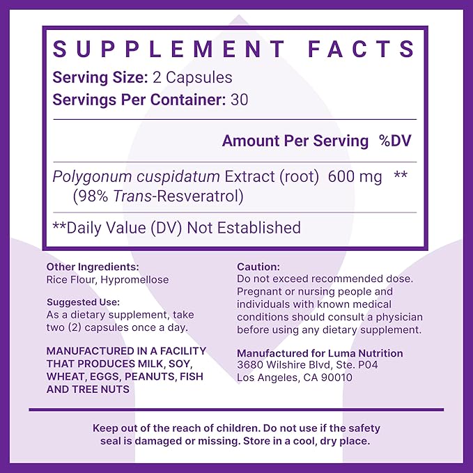 Luma Nutrition High Purity Resveratrol Supplement 1200mg Serving - 98% Trans-Resveratrol - Antioxidant - Vegan & Gluten-Free - 60 Capsules