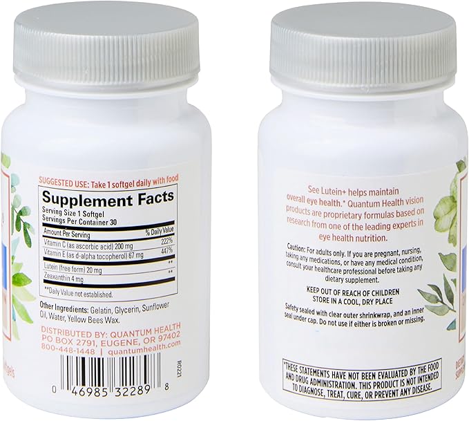 Quantum Health See Lutein+, Lutein & Zeaxanthin Eye Supplement, with Eye Vitamins C and E, Helps Maintain Overall Eye Health - 30 Softgels, 30-Day Supply
