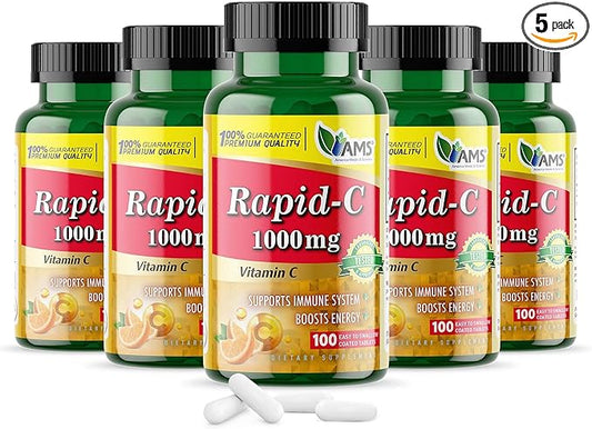 America Medic & Science Rapid-C 1000mg Vitamin C Supplement (5 Pack of 100 Tablets) Energy Booster, Daily Immune System Support, Antioxidant | Vegan, Non-GMO Coated Ascorbic Acid for Adult Men & Women
