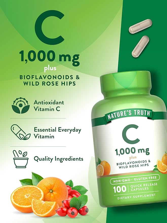 Nature's Truth Vitamin C 1000mg | 100 Capsules | with Wild Rose Hips & Bioflavonoids | Non-GMO & Gluten Free Supplement